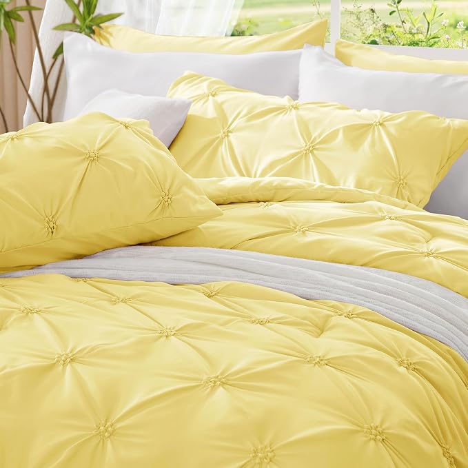 BEDELITE King Comforter Set Light Yellow,Lightweight & Soft Comforter | Pintuck Boho Bedding, Warm & Cute Bed Set for All Season,With 2 Pillowcases
