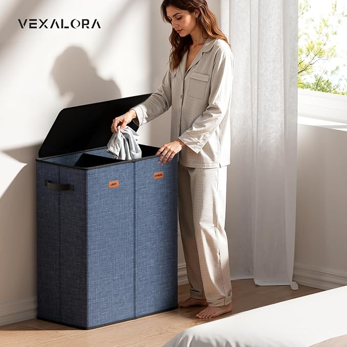 150L Double Laundry Hamper With Lid, Large Clothes Hampers with Removable Bag, Laundry Hamper 2 Section for Bathroom, Bedroom, Laundry Room, Dorm, Navy Blue