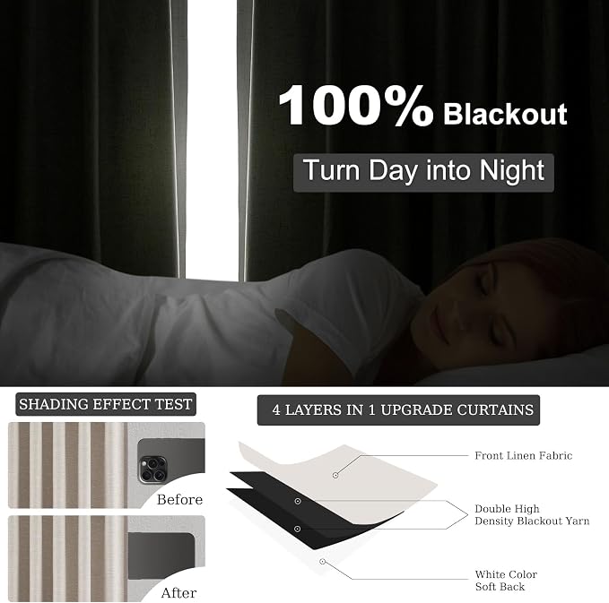 Topfinel Boho Black Out Linen Curtains 86 Inch Length 2 Panels Set for Bedroom Living Room Greige Insulating Winter Room Divider Curtains Neutral Burlap Drapes Pleated Back Tab