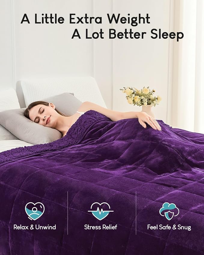 Cottonblue Fleece Weighted Blanket 15 lbs for Adults Twin Size 48x72in Soft | Cozy Flannel Sherpa Weighted Blankets Throw Comfortable for Calm Sleep Relax, Warm Fuzzy Purple Heavy Blanket for Bed Couch