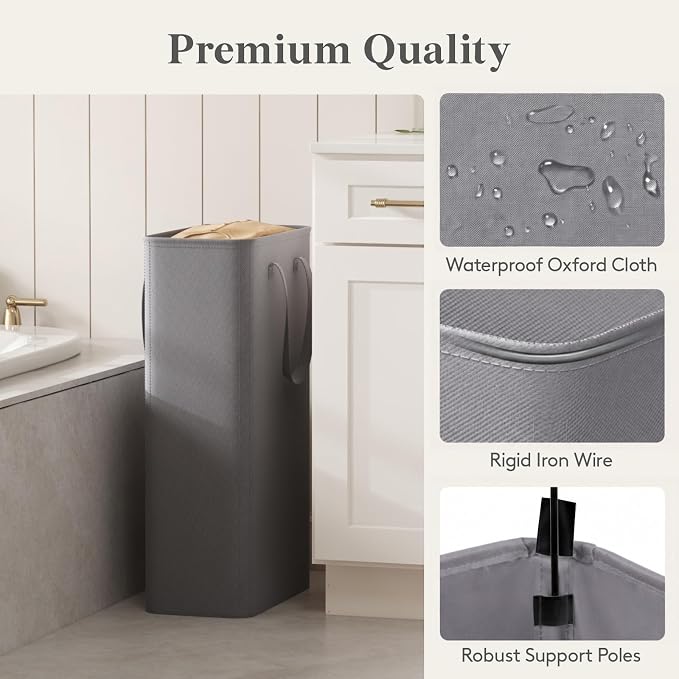 Lifewit Slim Collapsible Laundry Basket with Handles, 65L, Grey | Narrow Laundry Hamper for Dirty Clothes, Tall Thin Laundry Bin, Small Clothes Hamper for Bathroom, Bedroom, RV, Dorm