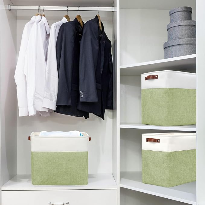 Large Fabric Storage Baskets | 50L Storage Bins, Decorative Linen Closet Baskets with Handles for Organizing, Shelf, Toys, Clothes, Home, Office, Nursery, 17x12x15Inches (Green&White)