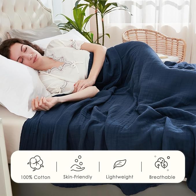 EMME Muslin Blankets for Adults Throw Blanket for Couch Breathable Gauze Soft Lightweight Airy Navy Throw XL 50" x 71"