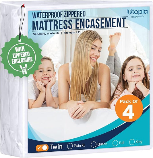 Utopia Bedding Mattress Protector Zippered Twin Size (Pack of 4), 100% Waterproof Bed Bug and Dust Mite Proof Mattress Encasement, Absorbent 6 Sided Mattress Cover