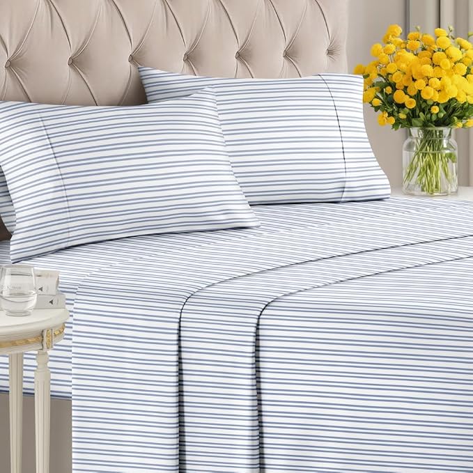 King 4 Piece Striped Sheet Set - Breathable & Cooling - Blue Double Stripes | 1 Flat, 1 Fitted & 2 Pillowcases w/ Deep Pockets, Luxury Striped Bedding, Soft, Breathable & Cooling, Wrinkle & Fade Free