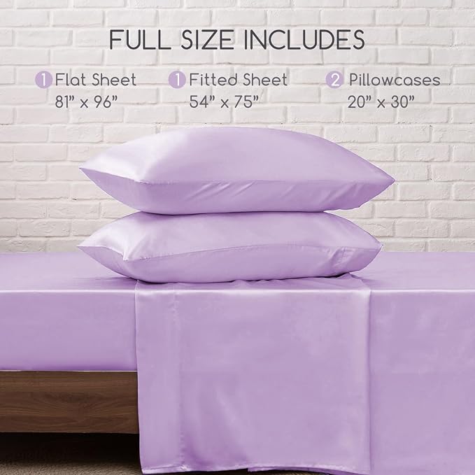 MR&HM Satin Sheets Full Size with Elastic Corner Straps, Lilac | Similar to Silk, 4-Piece Silky Soft Bed Sheet Set, Gentle on Skin and Hair, 15" Deep Pocket, Cooling & Breathable