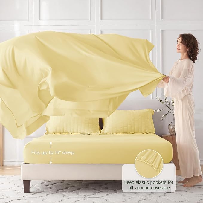 7 Pieces Oversized Queen Comforter Set, Seersucker Bed in a Bag Oversized Queen Size, All Season Luxury Bedding Set with Comforter, Flat Sheet, Fitted Sheet, Pillowcases & Shams, Yellow
