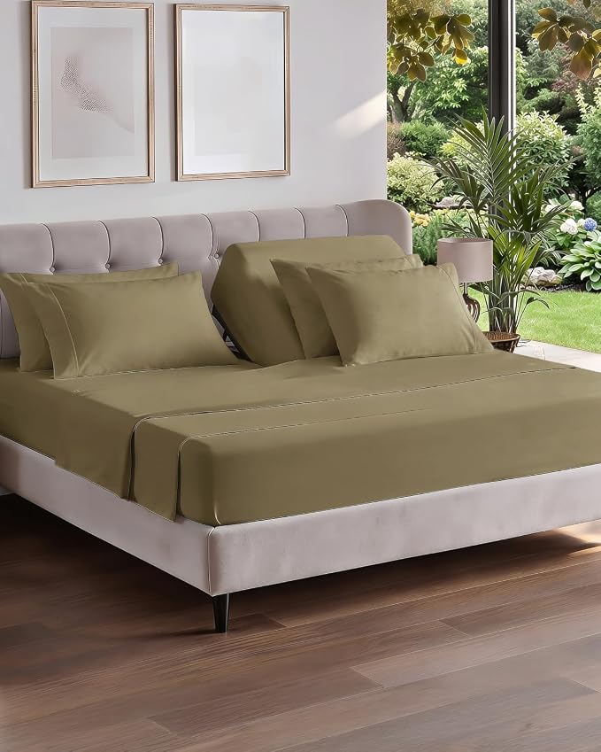 Flex Top Split Head King 6 Piece Sheet Set - Breathable & Cooling - Khaki | Ultra Soft Hotel Luxury Bedding Set w/ 8-16 Inch Deep Pockets, 1 Flat & 1 Split-Head Fitted Sheet & 4 Pillowcases, Fade Free