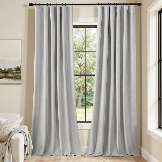 MIULEE 100% Blackout Back Tab Pleat Linen Curtains 50" Wx90 L,Grey | 2 Panels,Thick Faux Linen,Textured Drapes,with Hooks,for Bedroom Living Room,Black Out,Room Darkening