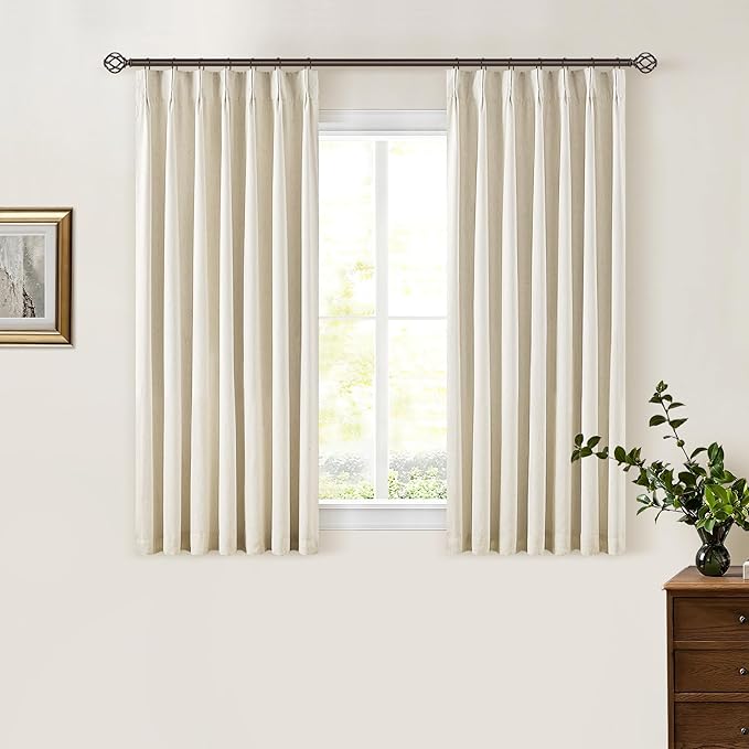 Cream Beige Pleated Black Out Linen 45 Inch Curtains with Liner 2 Panels | 100% Blackout, Memory Trained Pinch Pleat, Thermal Insulated, Noise Reduce, Short Curtains 2 Layers for Kitchen Small Window
