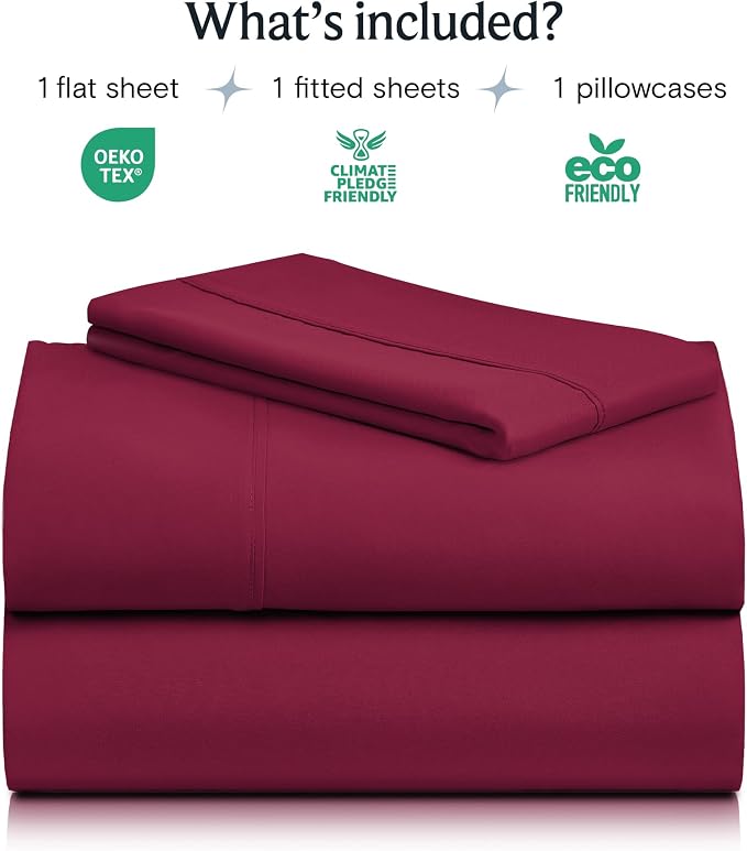 Twin Size Sheets Set, Cooling & Soft Deep Pocket Bed Sheets, 3PC | LUXCLUB Cooling Twin Size Fitted Sheet & Pillowcase Sets, Breathable Hotel Luxury Bedding Wrinkle Free, Burgundy