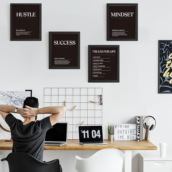 DSHFG Black Motivational Office Pictures Wall Decor Prints Set of 4, Black Motivational Wall Art Decor Tredny Posters Prints for Office Home Room Decor, 8x10 Unframed