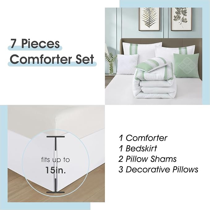 7 Piece Comforter Set, Sage White, California King, Boho Style Geometric Microfiber Embroidery, Bed in a Bag with Bedskirt, Pillow Shams and Decor Pillows