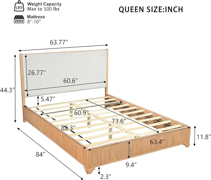 Christopher Knight Home Jill Modern Queen Bed Frame with Headboard, Bed Frame Queen with Upholstered Headboard, Wooden Queen Platform Bed Frame with Slat Supports, No Box Spring Needed, Natural+White