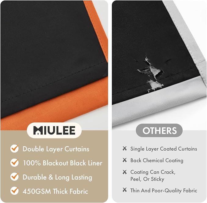 MIULEE Fall Orange 100% Blackout Curtains for Bedroom 40x72 Inch Length | 2 Thick Layers Thermal Insulated Window Curtains with Black Liner, Noise Reducing Grommet, Drapes for Living Room, 2 Panels