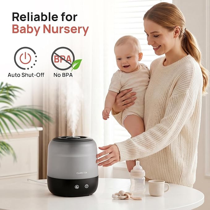 Clarston Humidifiers for Bedroom, 2L Cool Mist Humidifier, 24dB Quiet Sleep | 25H Runtime, Easy to Top Fill & Clean, Humidification for Baby Nursery & Plant, 360° Nozzle for Large Room, Nightlight,No BPA