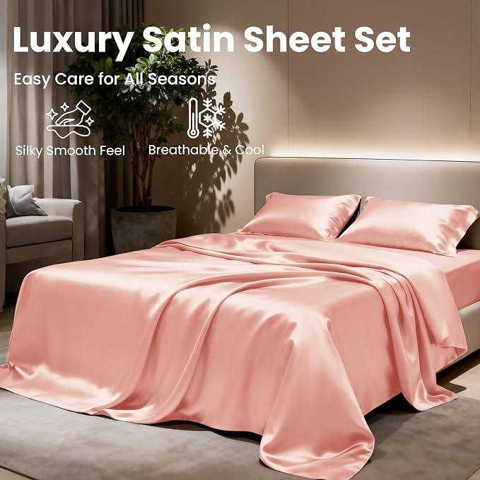 Love's cabin Twin Satin Sheets Sets - 3 Piece Coral Silky Bed Sheets with Deep Pockets, Luxury Silk Feel Satin Twin Size Sheet Set Bedding Set (1 Flat Sheet,1 Fitted Sheet,1 Pillow case)