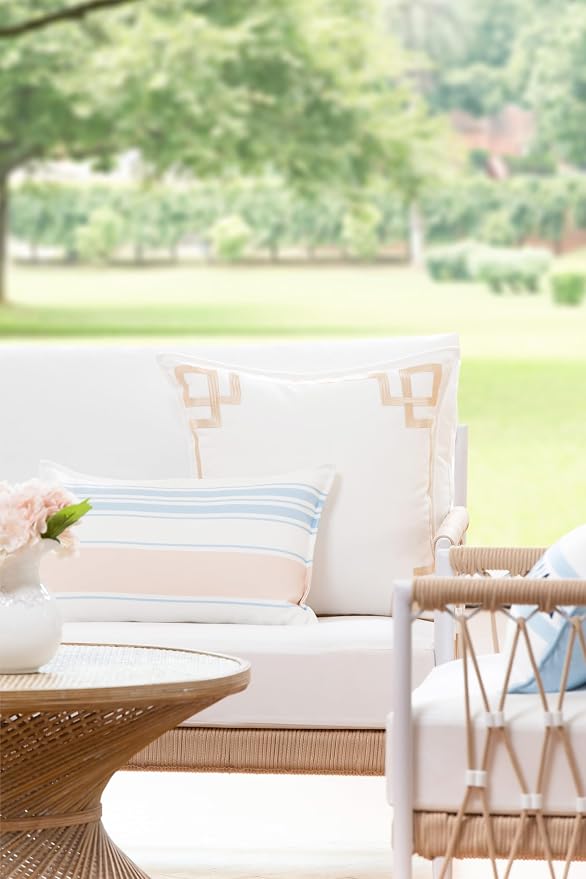 Hofdeco Premium Coastal Patio Indoor Outdoor Lumbar Pillow Cover Only, 12"x20" Water Repellent for Backyard, Couch, Baby Blue Neutral Tan Stripes