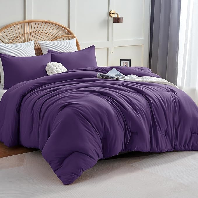 Queen Comforter Set, 3 Pieces Down Alternative Bedding, Purple | 270 GSM All Season Comforter with 4 Corner Ties for Use as a Duvet Insert, OEKO-TEX Certified, 2 Pillowcases, 88 x 88 in