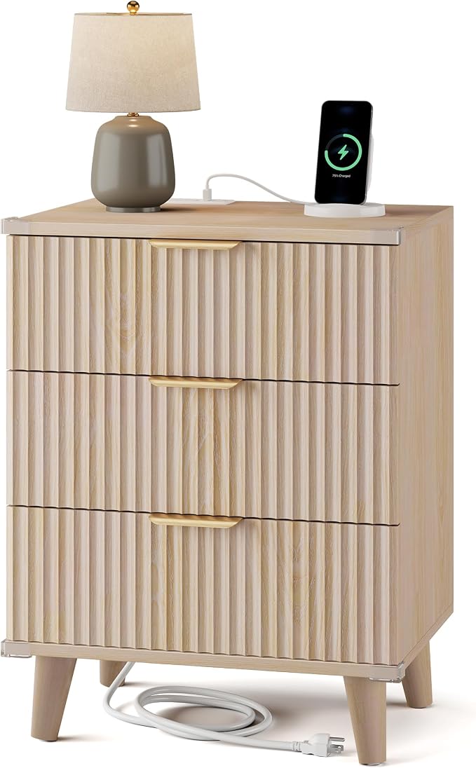 Lulive Wood Bedside Table w/Charging Station, 3 Drawers Fluted Dresser | Natural, Large Drawers, Metal Silent Rails, FSC Wooden, Sturdy Legs, Modern Fluted Panel, Living Room, Bedside Table