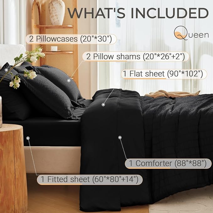 7 Pieces Queen Comforter Set, Seersucker Bed in a Bag Queen Size, All Season Luxury Bedding Set with Comforter, Flat Sheet, Fitted Sheet, Pillowcases & Shams, Black