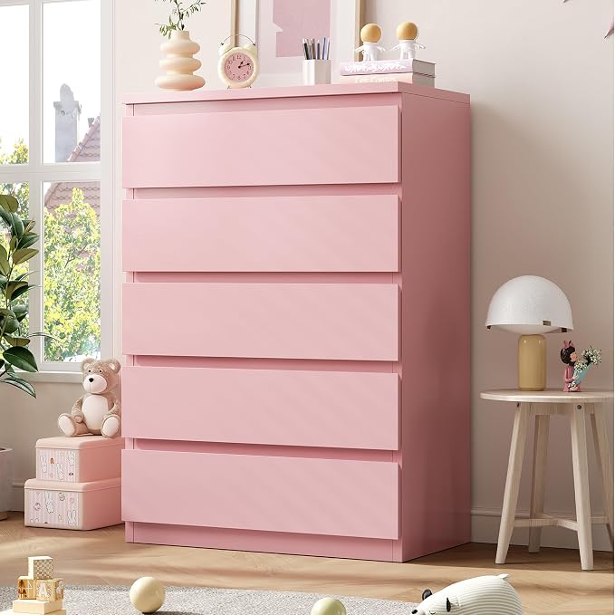Jocoevol Pink 5 Drawer Dresser for Bedroom, 15" D x 23.7" W x 40.4" H in Simply Chest of Drawers, Wood Storage Dresser with Drawers for Living Room Hallway Entryway, Pink