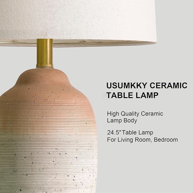 USumkky 24.5" Ceramic Table Lamp with 5FT Cord, Single Farmhouse Vintage Rustic Bedside Lamp for Living Room Bedroom Entryway, Linen Shade Nightstand End Table Decor (Bulb Not Included)-White&Brown