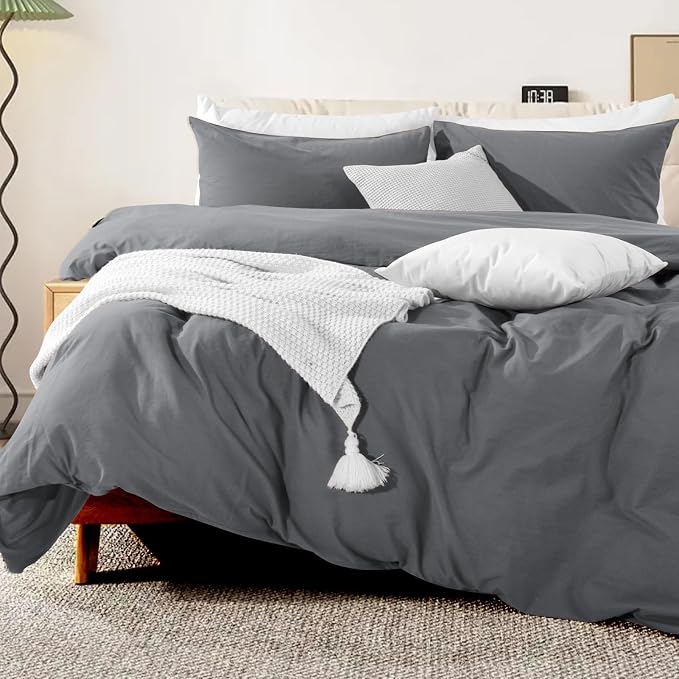 NEXHOME PRO Duvet Cover Set 100% Washed Cotton Full Size Linen Feel Textured Organic Natural 3 Pieces Bedding Set with Zipper Closure and Corner Ties, Breathable and Soft (Grey, No Comforter)