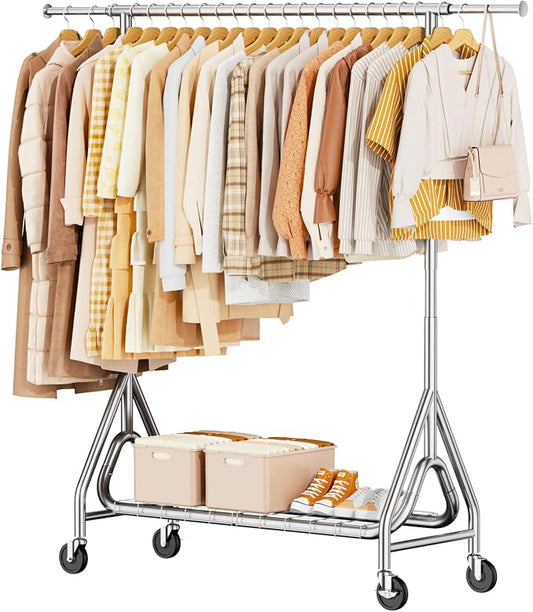 Heavy Duty Garment Rack, Metal Clothes Rack Load 450 LBS, Rolling Clothing Racks for Hanging Clothes with Lockable Wheels, Wardrobe Closet Coat Racks for Bedroom, Silver