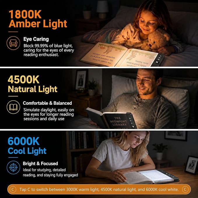 30 LED Book Light & Night Light 2 in 1, Flat Book Light Black | Rechargeable Book Page Light with 3 Color Temperatures, Stepless Dimming & 1-99 Min Sleep Timer, Ideal Gift for Readers