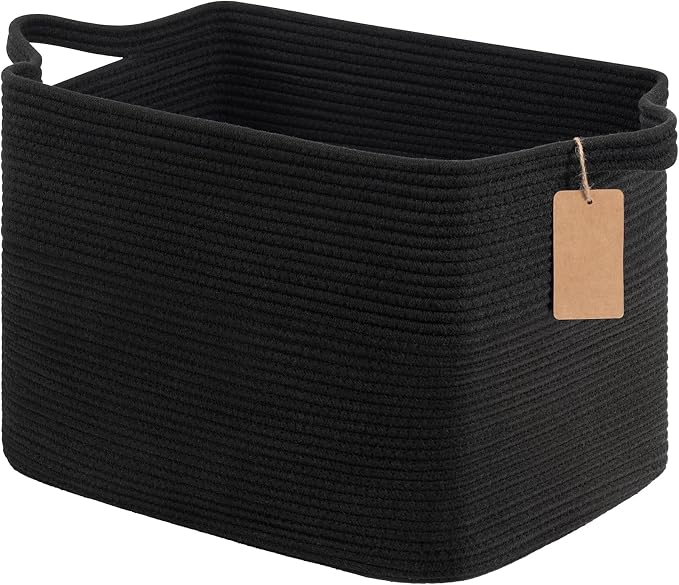 Goodpick 50L Large Woven Rope Storage Basket with Handles, Black | 18" × 14" × 12" Stylish Gift Basket for Living Room & Nursery Organization, Fits Blankets, Toys & Home Essentials Storage
