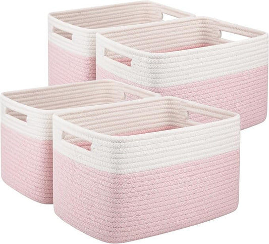 OIAHOMY 4 Pack Storage Basket, 13"x9"x7.8" Cotton Rope Baskets for Shelves, Closet Organizer for Bedroom & Living Room, Soft Decorative Bins for Organizing Towels, Books & Toys, Pink & White