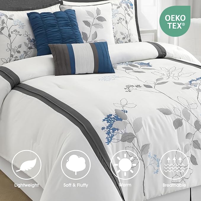 White California King Comforter Set, 7 Pieces Bed in a Bag, Elegant Floral Leaves Embroidery, Soft and Lightweight All Seasons Bedding Set, Bedskirt, Pillow Shams, Decor Pillows