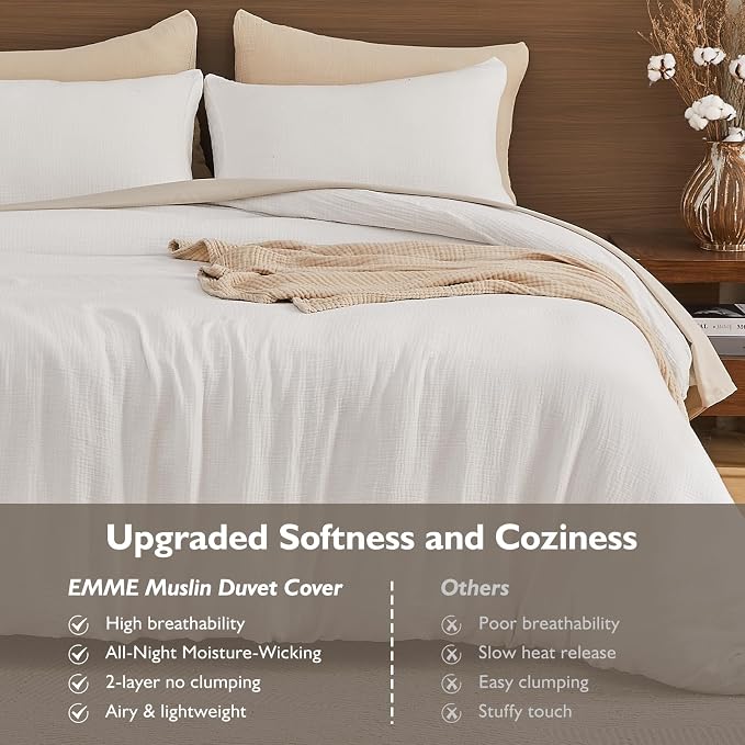 EMME Muslin Cotton Duvet Cover Set Cream White Twin Size Linen Like Soft Breathable Lightweight Summer Comforter Cover Set with Zipper Closure (Cream White, Twin, 68"x90")