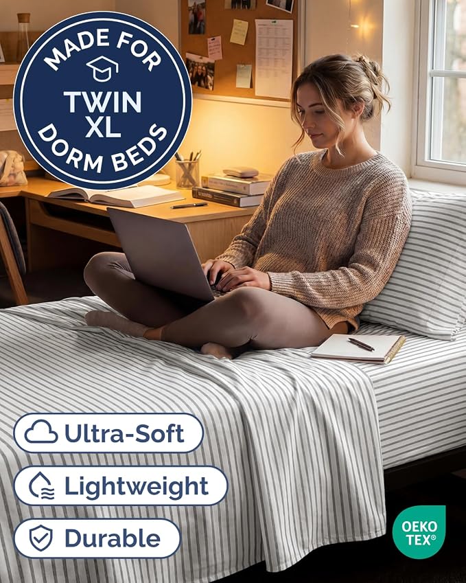 Twin XL Size 3 Piece Sheet Set - Breathable & Cooling Sheets - Grey Stripes | Hotel Luxury Bed Sheets for Women & Men, Deep Pockets, Easy-Fit, Extra Soft & Wrinkle Free Sheets, Oeko-Tex Bed Sheet Set
