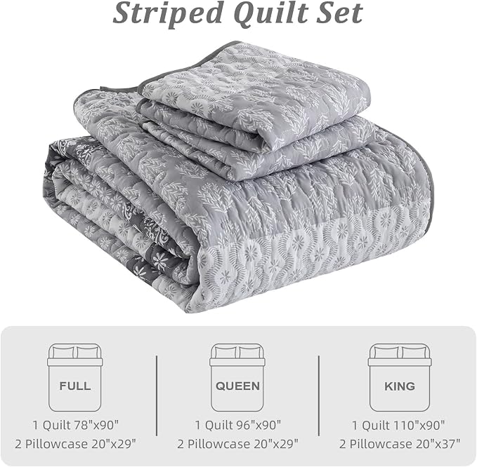 Cottolester Boho Full Quilt Bedding Set,Teal Striped Lightweight Bedspread | Soft Microfiber Coverlet,Breathable All-Season,Machine Washable,3-Piece Set,Fits King 90"x78",Cozy Essential for Men Women