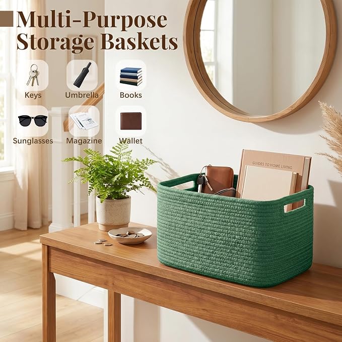 OIASKET 4Packs Natural Cotton Rope Storage Baskets for Organizing Toys, Clothes, Towels & Books, Soft Versatile Organizers for Shelves, Home Decorative Bins, 13''Lx9''Wx7.8''H, Green