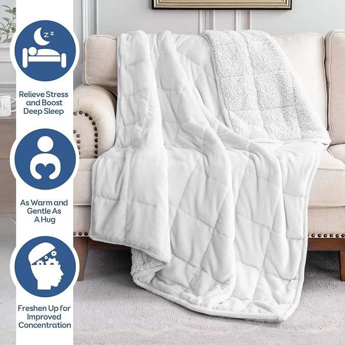 Cottonblue Sherpa Fleece Weighted Blanket for Adults Queen Size 15lbs 60x80 | Soft Cozy Flannel Weighted Blankets Throw for Sleep Calm Relax, Fuzzy Warm Bed Couch Heavy Blanket, Glass Beads, Snow White