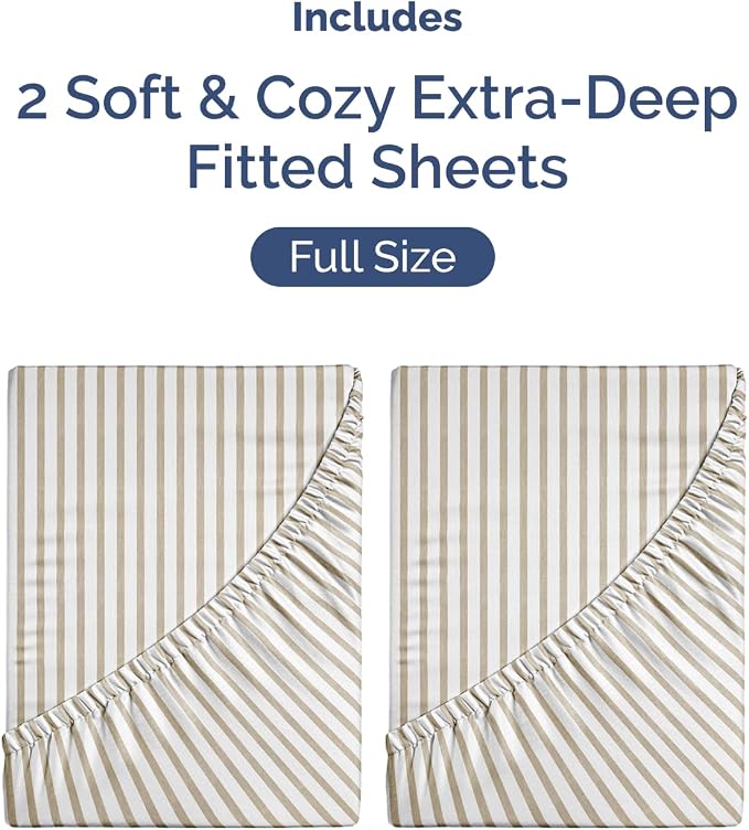 2 Pack Extra Deep Full Fitted Sheets with Deep Pockets - Beige Stripes | Hotel Luxury Bottom Fitted Sheets Only, Soft, Fade & Wrinkle Free, Breathable & Comfy, All Around Elastic Fitted Sheets