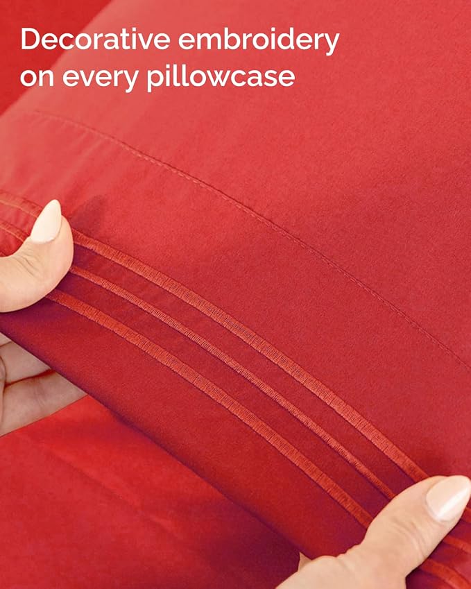 Full XL Sheets - 4 Piece Full XL Sheet Set - Breathable & Cooling - Red | Hotel Luxury Bedding for Women & Men with Deep Pockets, Ultra-Soft, Comfy, Easy-Fit, Wrinkle Free & Fade Resistant, Oeko-Tex