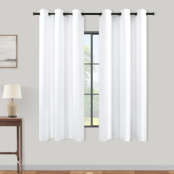 KOUFALL White Short Curtains for Small Bathroom Window,2 Panel Sets Kitchen Cafe Curtains with Grommets Rings 60-70% Blackout,45 Inch Length
