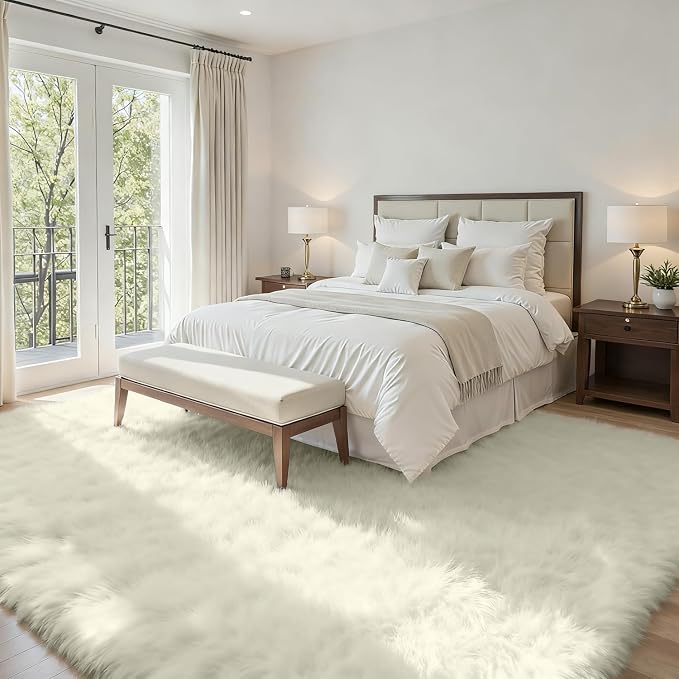 5x7 Fluffy Shag Area Rugs for Living Room Bedroom: Soft Carpet Cream White | Upgraded Non-Slip Thick Memory Foam, Ultra Soft, Non-Shedding Fuzzy Carpet, Easy Clean Decor for Kids Room, Nursery, Playroom