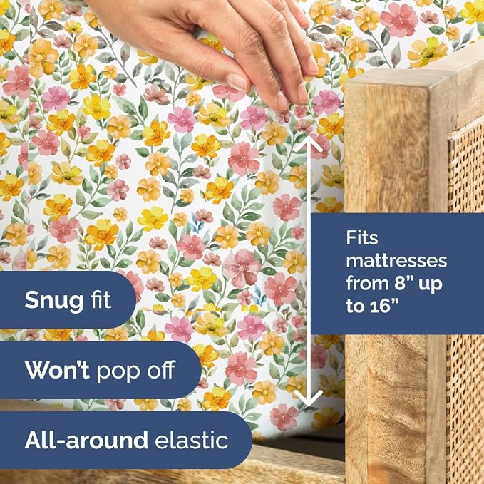 Twin 3 Piece Floral Sheet Set - Breathable & Cooling - Sun Kissed Bloom | 1 Flat, 1 Fitted & 1 Pillowcase w/ Deep Pockets, Boho Botanical Floral Bedding, Breathable & Cooling, Wrinkle & Fade Free