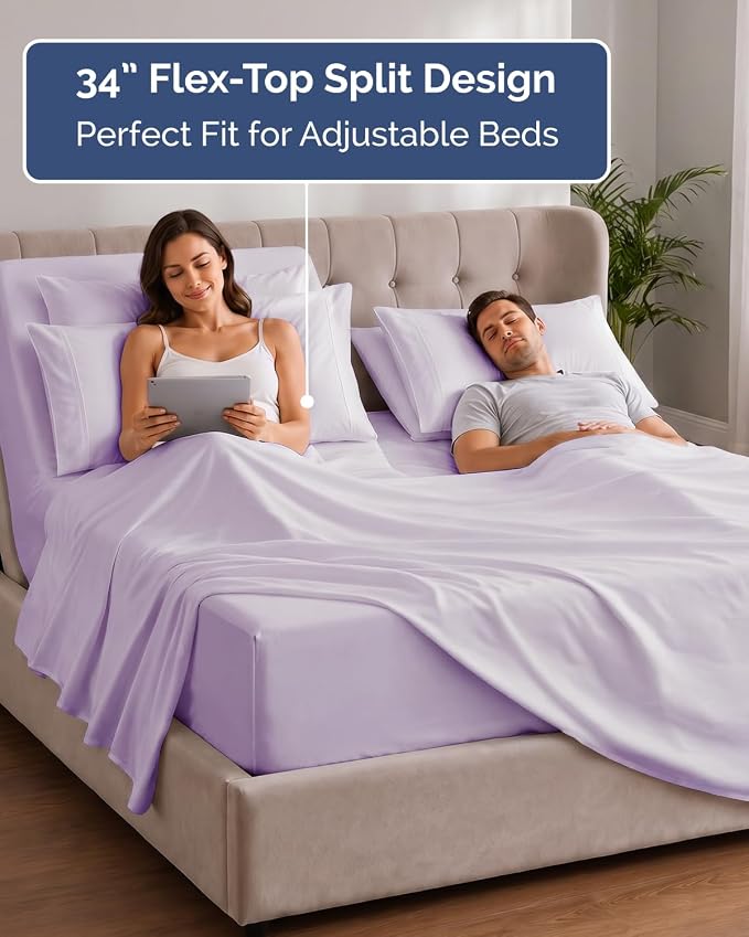 Extra Deep Flex Top Split Head King Sheet Set - 6 Piece Breathable and Cooling Sheets - Hotel Luxury Bedding for Women, Men, Kids & Teens - Easy Secure Fit - Extra Deep Pockets - Light Lavender