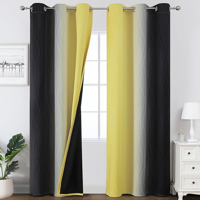 Black and Yellow Ombre Blackout Curtains 84 Inches Long | Room Darkening Curtains for Living Room,Energy Saving,Thermal Insulated,Gradient Grommet Drapes for Bedroom,42Wx84L,2 Panels