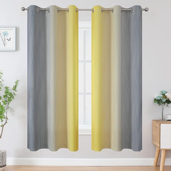 Grey and Yellow Ombre Blackout Curtains for Living Room 42Wx72L Inch Length | Estelar Textiler Room Darkening Gradient Curtains for Bedroom,Thermal Insulated,Light Blocking Grommet Window Drapes,2 Panels