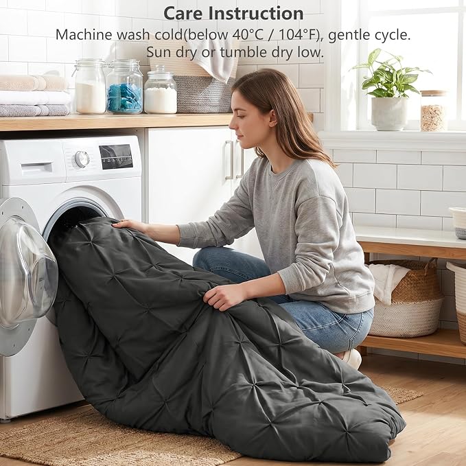 Twin XL Comforter Set Dark Grey, 5 Pieces Pintuck Bed in a Bag | College Dorm Essentials, OEKO-TEX 100 Certified, 240GSM All Season, Down-Alternative Comforter, Sheets, Pillowcase & Sham