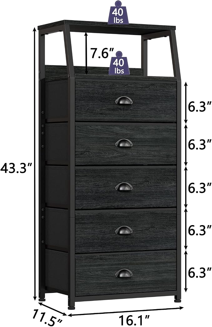 Furnulem Black Dresser for Bedroom, Fabric Dorm Tall Nightstand | 5 Drawers Chests of drawers, Closet Organizer, Bedside Table Furniture for Living Room, Sturdy Steel Frame, Wood Top