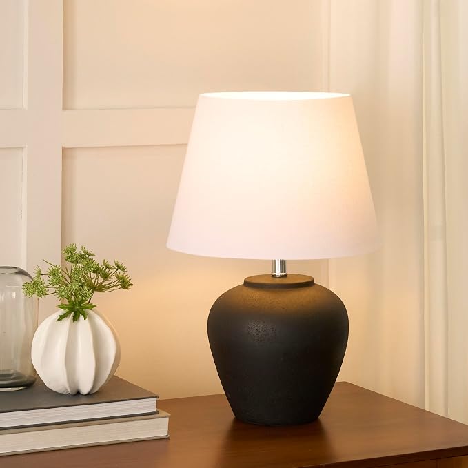Nourison Home 20" Black Matte Ceramic Table Lamp with Fabric Shade, Bedside Nightstand Lamp for Bedroom, Living Room, Entryway