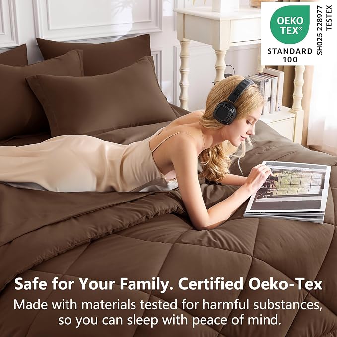 Queen Comforter Set with Sheets Brown - 7 Pieces Bed in a Bag | OEKO-TEX Certified, All Season, 240GSM Down-Alternative Comforter, Sheets, Pillowcases & Shams, 14" Deep Pocket, Easy Care
